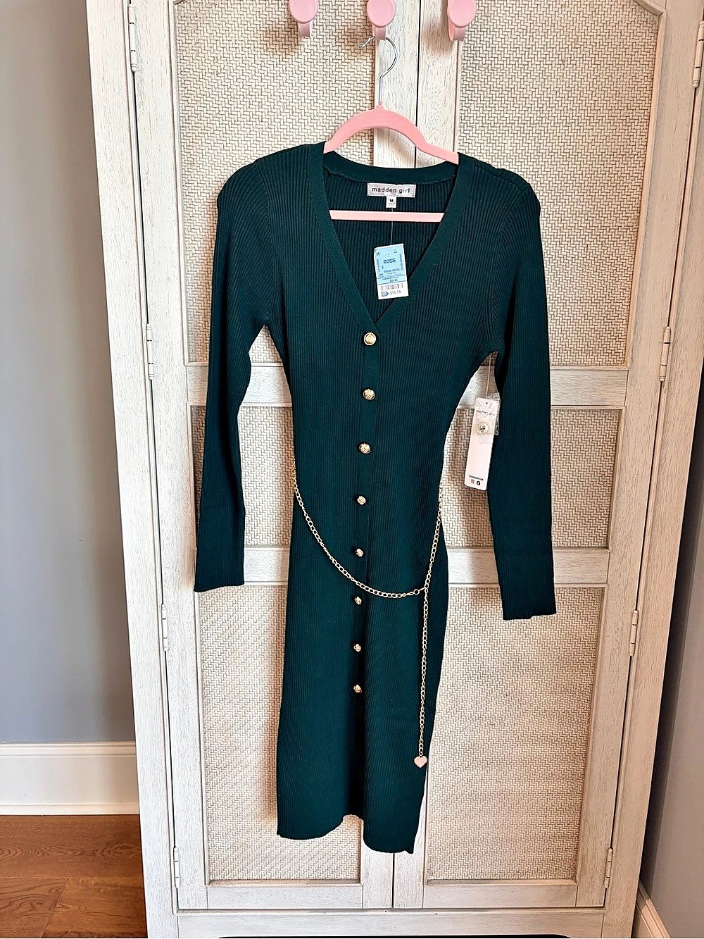 Madden Girl Ribbed Button Front Chain Belt Sweater Dress Forest Green Medium